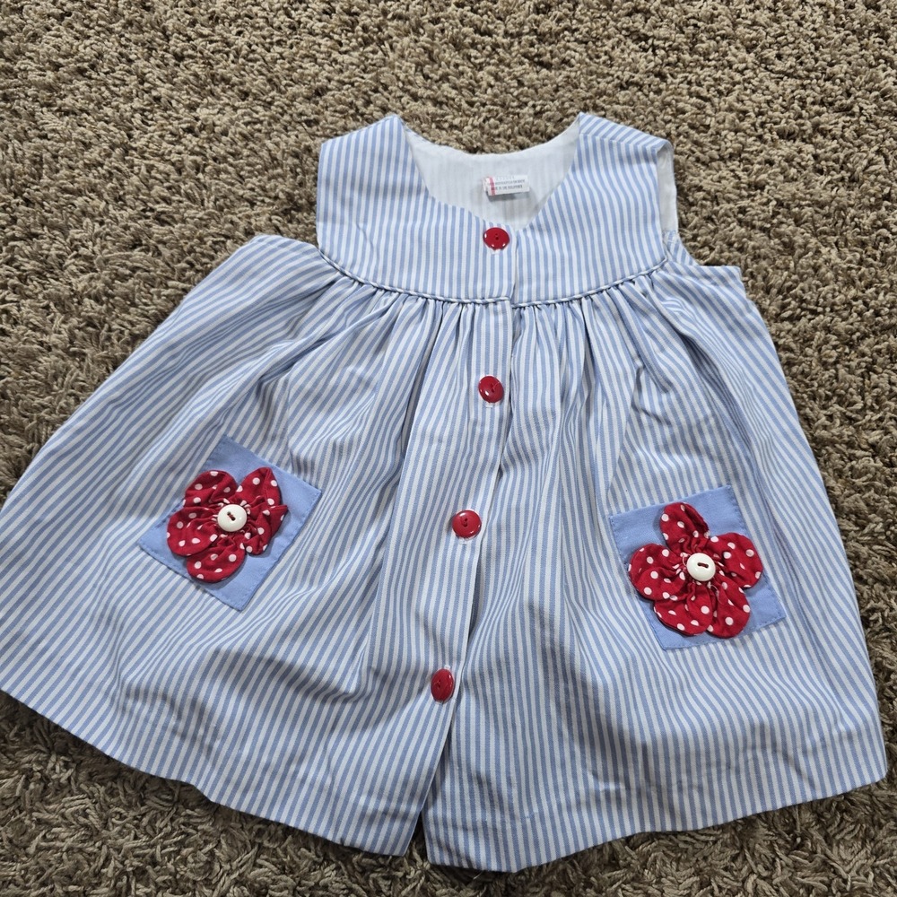 VTG Blue White Striped Sleeveless Dress Red‎ Button Down Pockets Flowers Sz 24M